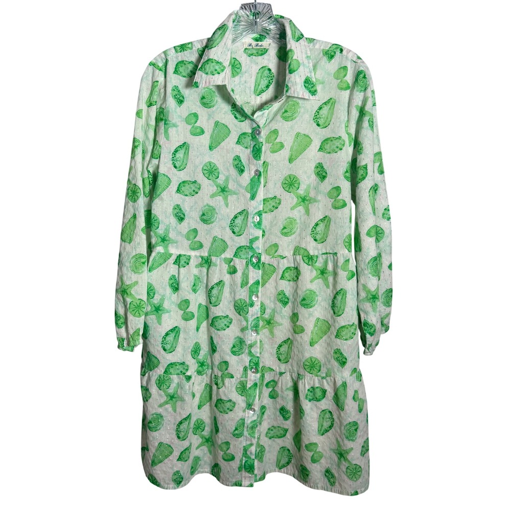Be Boho Seashell Print Tiered Shirtdress Womens Med Pockets Green Coastal Beachy